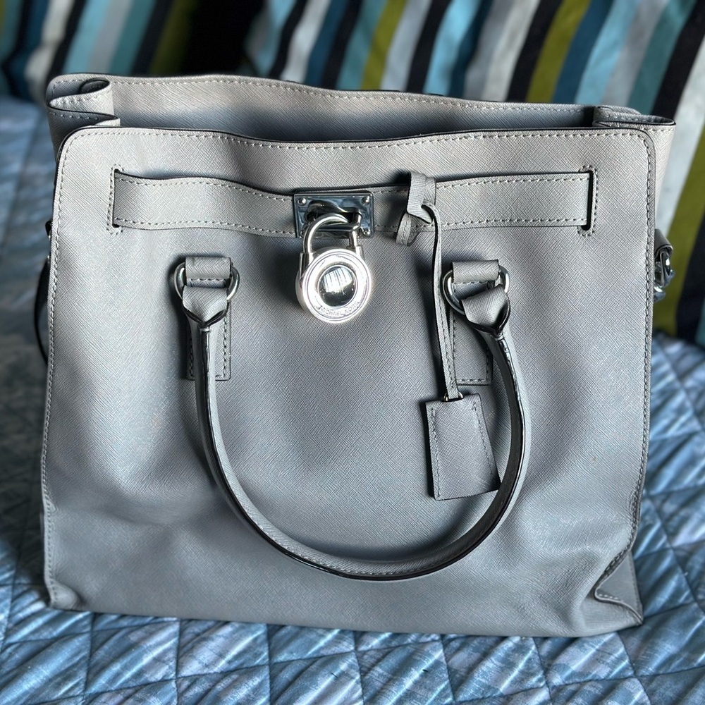 Michael Kors Gray Satchel with Structured Design and Silver Lock